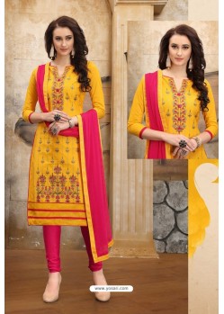 Yellow And Rani Cotton Embroidered Straight Suit