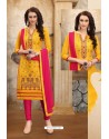 Yellow And Rani Cotton Embroidered Straight Suit