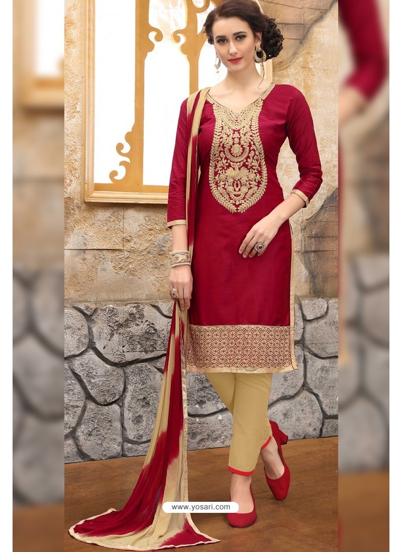 Buy Maroon And Beige Cotton Embroidered Straight Suit | Straight Salwar ...