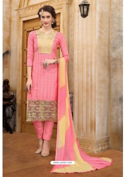 Pink Cotton Embroidered Straight Suit