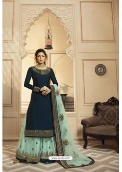 Navy And Sky Satin Georgette Embroidered Lehenga Style Suit