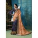 Light Orange And Blue Silk Georgette Thread Embroidered Saree