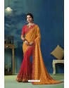 Orange And Red Jacquard Silk Thread Embroidered Designer Saree
