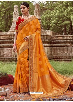 Classy Orange Silk Jacquard Party Wear Saree
