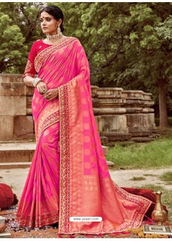 Hot Pink Silk Jacquard Party Wear Saree