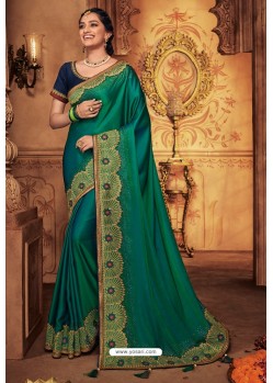 Teal Silk Stone Worked Party Wear Saree
