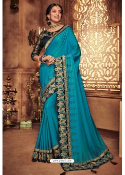 Turquoise Silk Stone Worked Party Wear Saree