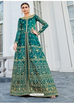 Teal Mulberry Silk Embroidered Floor Length Suit