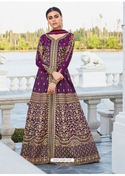 Purple Mulberry Silk Embroidered Floor Length Suit