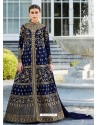 Navy Mulberry Silk Embroidered Floor Length Suit