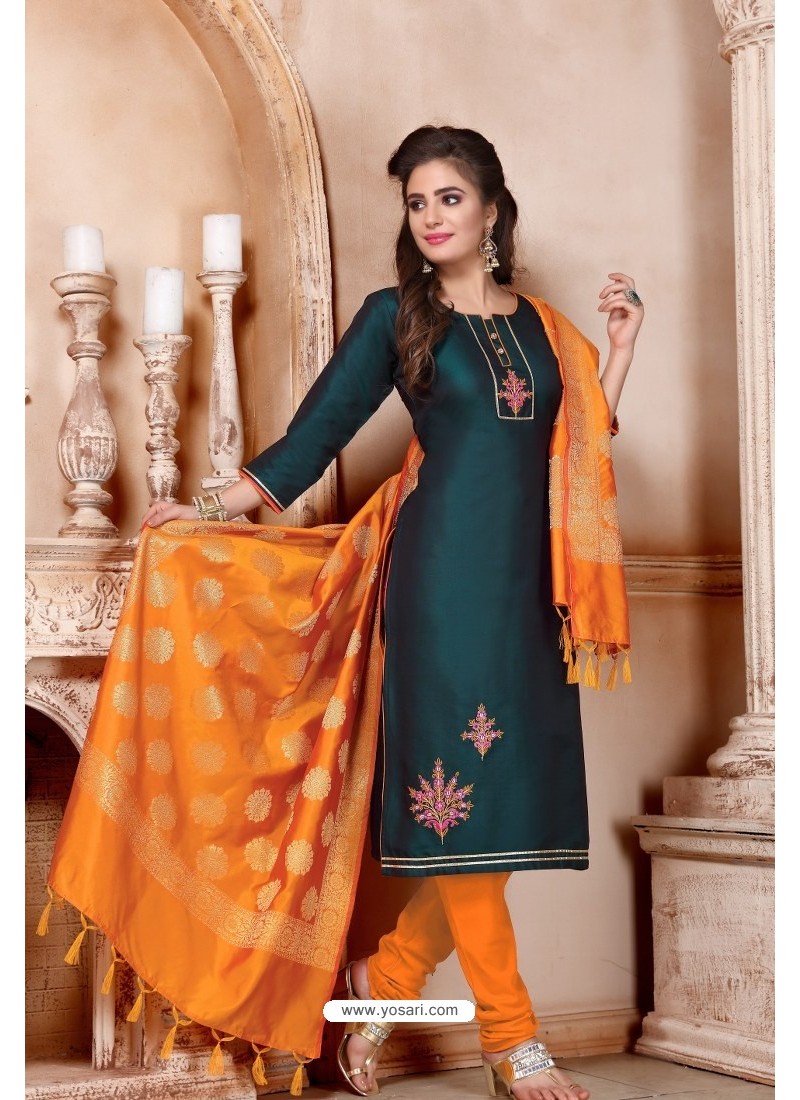 Red and Green Cotton and Chanderi Churidar Suit Combo - CS4372
