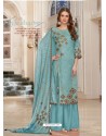 Turquoise Designer Casual Wear Wool Pashmina Jacquard Palazzo Salwar Suit