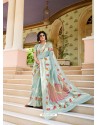 Aqua Grey Party Wear Designer Embroidered Handloom Weaving Soft Silk Sari