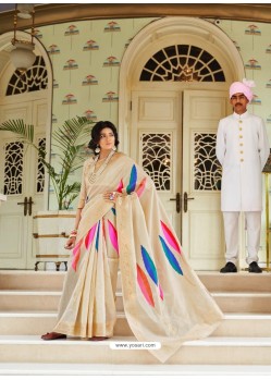 Light Beige Party Wear Designer Embroidered Handloom Weaving Soft Silk Sari