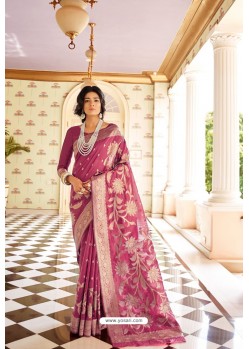 Old Rose Party Wear Designer Embroidered Handloom Weaving Soft Silk Sari