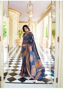 Navy Blue Party Wear Designer Embroidered Handloom Weaving Soft Silk Sari