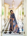 Navy Blue Party Wear Designer Embroidered Handloom Weaving Soft Silk Sari