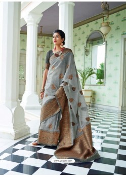 Grey Party Wear Designer Embroidered Pure Linen Silk Sari