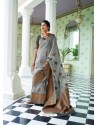 Grey Party Wear Designer Embroidered Pure Linen Silk Sari