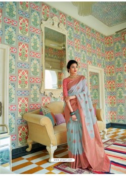 Aqua Grey Party Wear Designer Embroidered Pure Linen Silk Sari