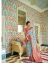 Aqua Grey Party Wear Designer Embroidered Pure Linen Silk Sari