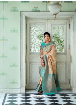 Light Beige Party Wear Designer Embroidered Pure Linen Silk Sari