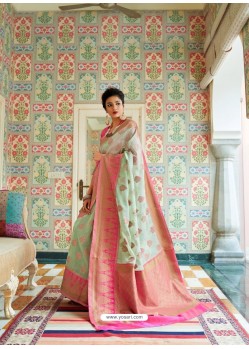 Sea Green Party Wear Designer Embroidered Pure Linen Silk Sari