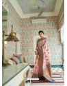 Baby Pink Party Wear Designer Embroidered Pure Linen Silk Sari