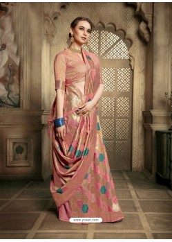 Peach Party Wear Designer Embroidered Cotton Silk Sari