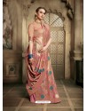 Peach Party Wear Designer Embroidered Cotton Silk Sari