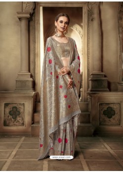 Grey Party Wear Designer Embroidered Cotton Silk Sari