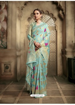 Sky Blue Party Wear Designer Embroidered Cotton Silk Sari