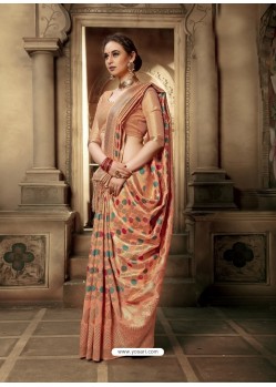 Light Orange Party Wear Designer Embroidered Cotton Silk Sari