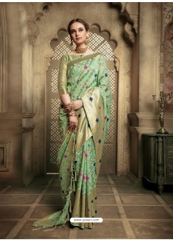 Green Party Wear Designer Embroidered Cotton Silk Sari