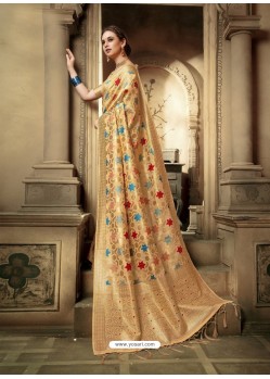 Cream Party Wear Designer Embroidered Cotton Silk Sari