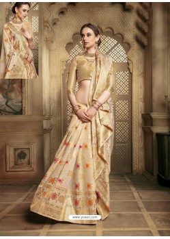 Light Beige Party Wear Designer Embroidered Cotton Silk Sari