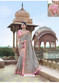 Light Grey Traditional Wedding Designer Embroidered Satin Silk Sari