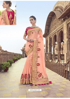 Light Orange Traditional Wedding Designer Embroidered Satin Silk Sari
