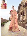 Light Orange Traditional Wedding Designer Embroidered Satin Silk Sari