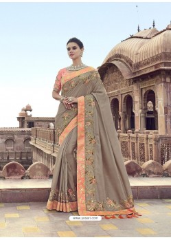 Light Brown Traditional Wedding Designer Embroidered Satin Silk Sari