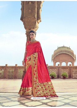 Dark Peach Traditional Wedding Designer Embroidered Satin Silk Sari