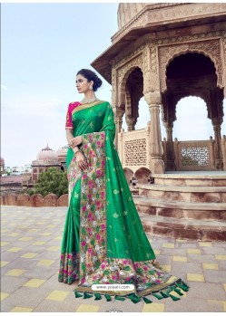 Forest Green Traditional Wedding Designer Embroidered Satin Silk Sari