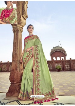 Green Traditional Wedding Designer Embroidered Satin Silk Sari