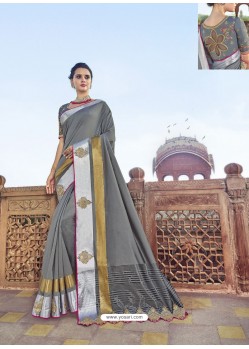 Grey Traditional Wedding Designer Embroidered Satin Silk Sari