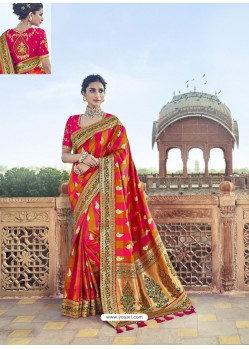 Orange Traditional Wedding Designer Embroidered Satin Silk Sari