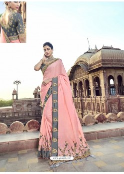 Pink Traditional Wedding Designer Embroidered Satin Silk Sari