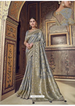 Silver Wedding Designer Embroidered Satin Silk Sari