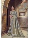 Silver Wedding Designer Embroidered Satin Silk Sari