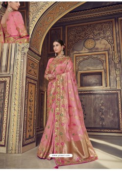 Light Red Wedding Designer Embroidered Satin Silk Sari