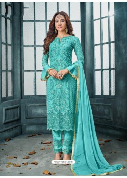 Turquoise Designer Party Wear Heavy Faux Georgette Straight Salwar Suit
